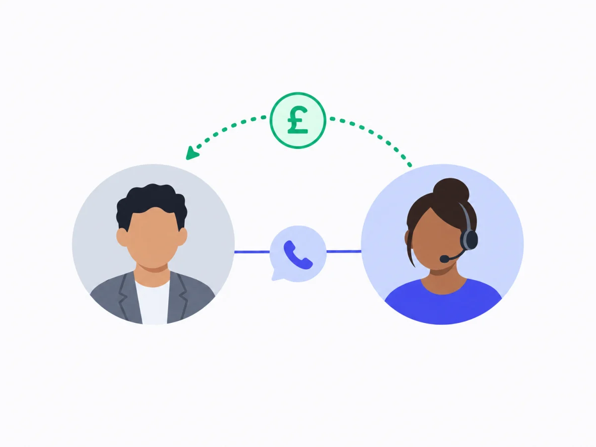 A client and a person at the firm connected by a phone call, with money moving to the client.
