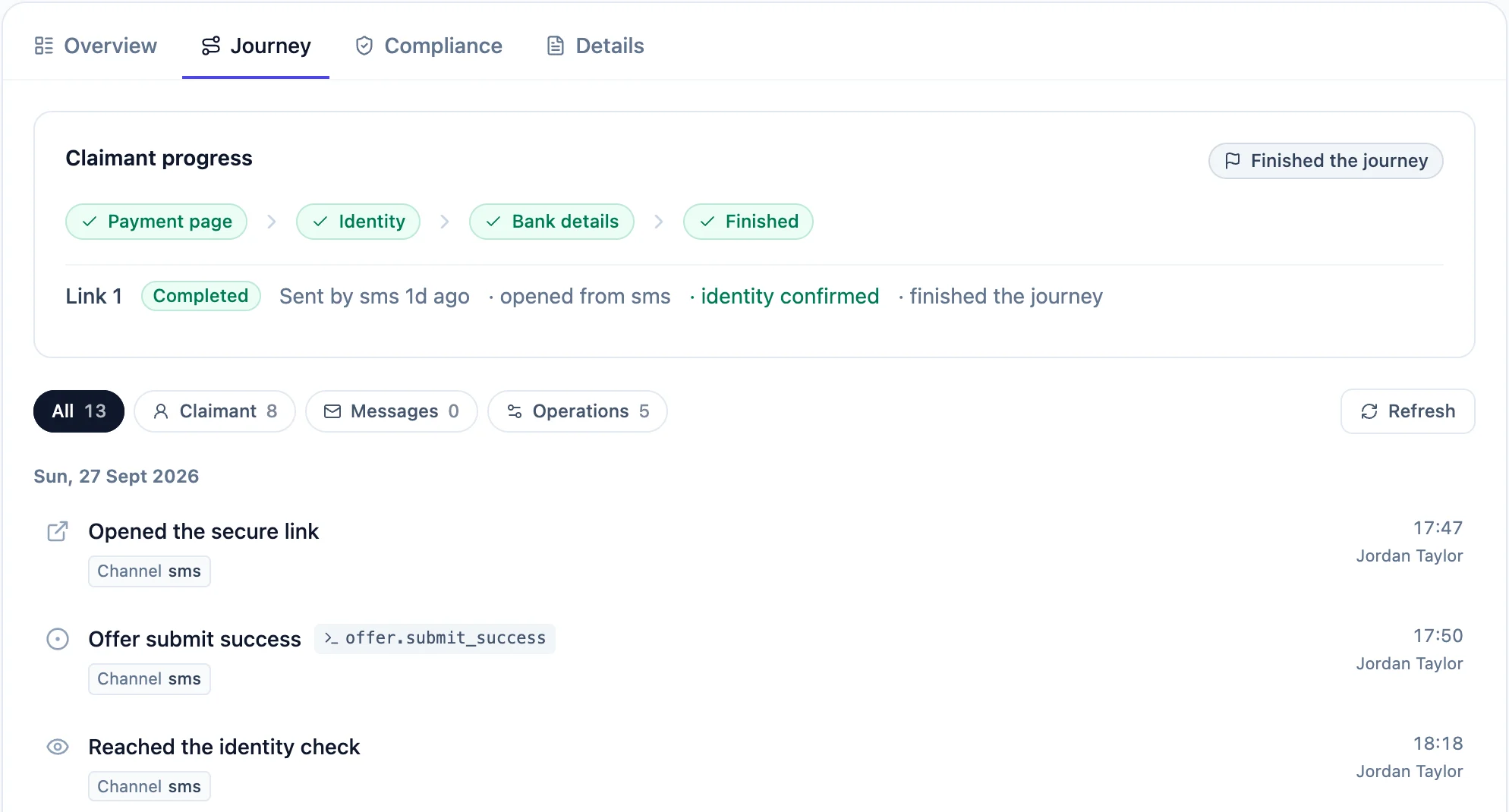 A client's journey in Claims Gate Pay: payment page, identity and bank details all complete, with each step timestamped.