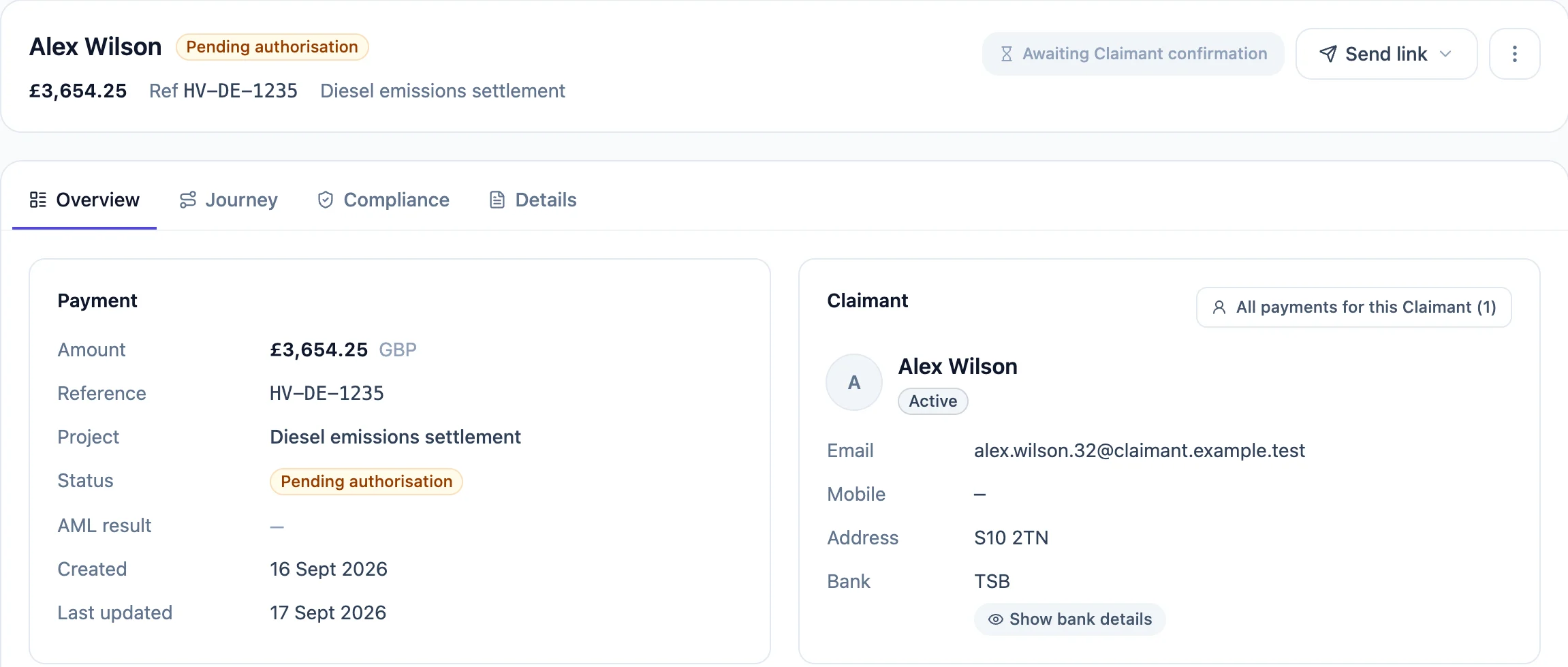 A single payment in Claims Gate Pay pending authorisation, showing amount, reference, project and the client's details.