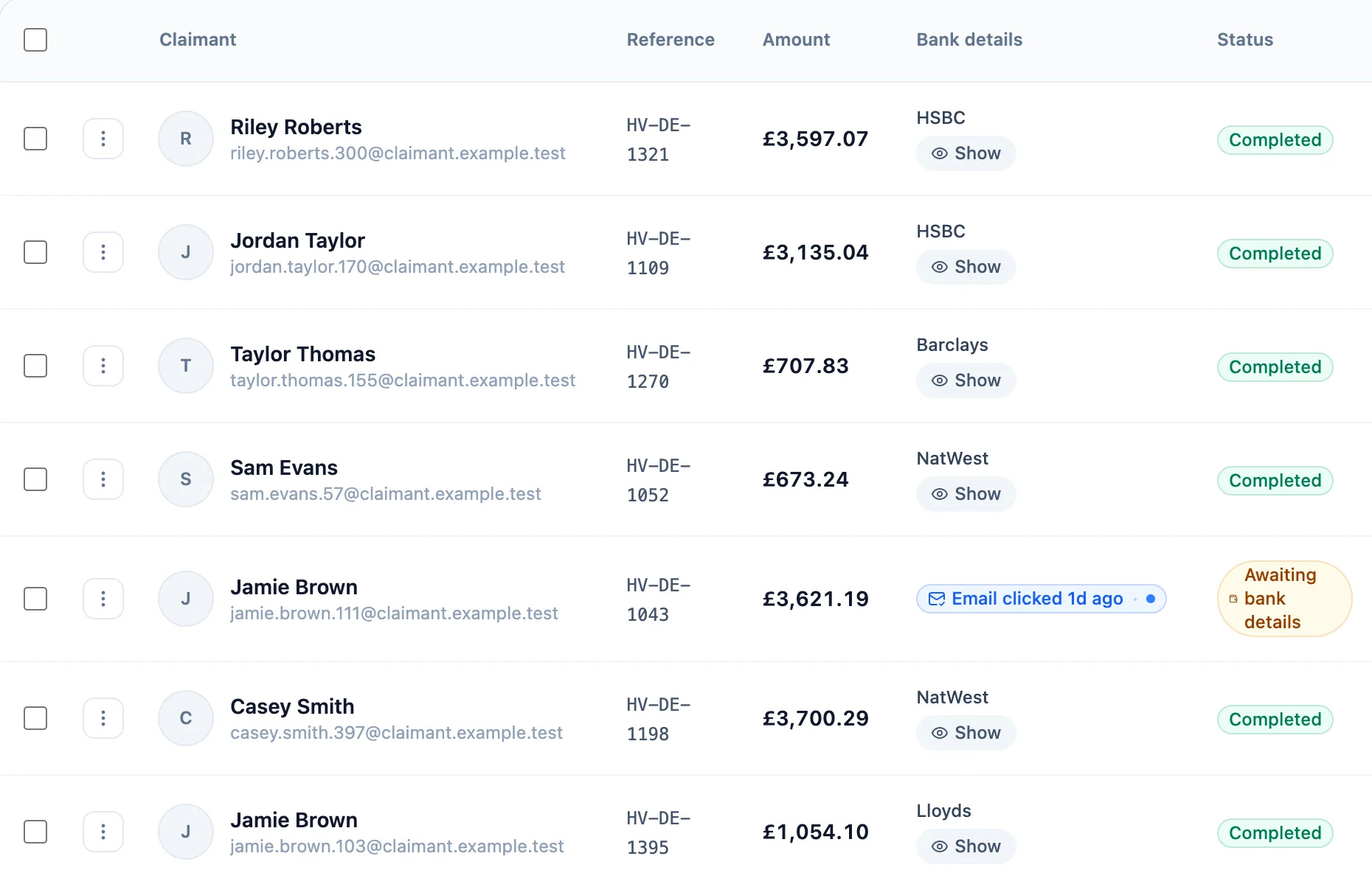 The payments table in Claims Gate Pay: each client with reference, amount, bank, status and screening result.